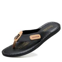 Plus size Fashion Soft Leather Men Flip Flops Outdoor Waterproof Beach Sandals Summer Men Slippers 38 juoda