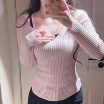 Autumn Slim Fit Pink Knitted Pullovers Sweater Women Clothing Long Sleeve V-neck Base Women's Sweaters Tops Elegant Solid Casual Winter Knitwear 25350 S rožinė