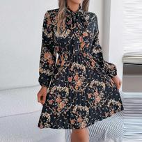 Moteriška kasdieniška elegantiška gėlėta ilgomis rankovėmis su surišamu liemeniu ilgomis rankovėmis klostuoto sijono suknelė L juoda