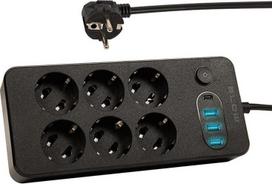 Prailginimo laidas su 6 lizdais, 3 Usb, Usb-c, 3m, juodas