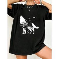 Black Oversized T Shirt Wolf Tree And Birds Print Casual Streetwear For Women Summer Outfits S juoda