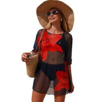 3Pcs/Set Women Swimsuit Set V-Neck Sling Bra High Waist Briefs Bikini Set with Breathable Mesh Cover-Up Vacation Party Summer Swimwear S raudona
