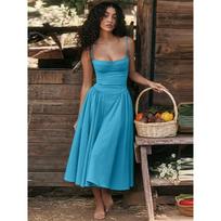 Sexy Women Solid Pleated Sling Dress Chic Sleeveless Backless Loose Hem A Line Dresses Elegant Lady Party Gown High Street Robes S tamsiai mėlyna spalva