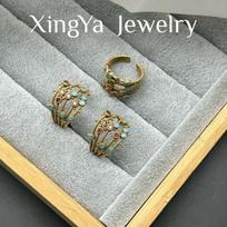 Light Luxury Bohemian Style Zirconium Inlaid Earring Ring Set Vintage Retro Niche