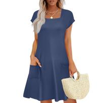 Summer Dresses for Women Loose Square Neck Cap Sleeve Casual Beach Vacation Tshirt Dress Sundresses with Pockets XL