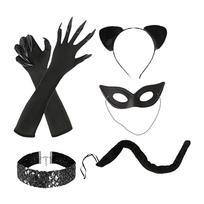 Halloween Catwomen Costume Set Cats Ear Headband Cats Claw Gloves Cats Tail Choker Necklace Black Cats Costume Accessory