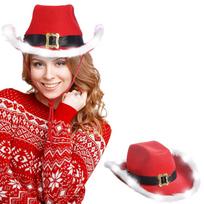 Christmas Red Cowboy Hat Winter Women Girls Feather Black Belt Soft Hats Adjustable Comfortable Luminous Santa Cap New Year Gift