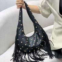 New Fashion Punk Style Dumpling Bag Tassel Handbag Women's Rivets Decoration Shoulder Bag Soft PU Leather Underarm Bag juoda