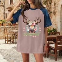 Women's Casual Denim Patch T-Shirt Oktoberfest Graphic Tee Comfortable Short Sleeve Loose Fit Top L rožinė