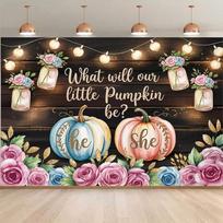 2D Flat Rustic Gender Reveal Backdrop Pumpkin and Floral Background Cloth 47.2x31.5inch/120*80cm