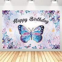 2D Flat Pastel Birthday Backdrop  Happy Birthday  Butterfly Themed Background Cloth 47.2x31.5inch/120*80cm