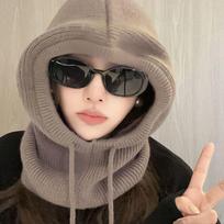 Cute Drawstring Balaclava Hat Solid Color Woolen Knitted Hooded Cap Keep Warm Polyester Neck Collar Beanies Cap Winter chaki