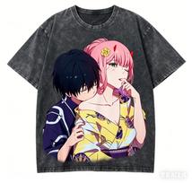 Stylish Vintage Washed Black DARLING in the FRANXX Zero Two & Hiro Anime Casual Cotton Short-Sleeve T-Shirt L