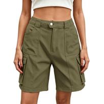 Women High Waist Casual Cargo Shorts with Multiple Pockets Loose Fit Zipper Fly Button Closure Summer Outdoor Wear M