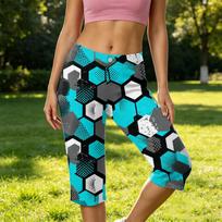 Womens pants with geometric hexagon print capri style comfortable fit pants for women suitable for casual or active wear L žalsvai mėlyna