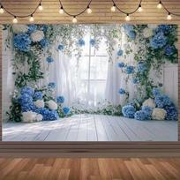 2D Wedding Party Blue Flower Wall Backdrop Indoor Window Curtain Photo Background 47.2x31.5inch/120*80cm