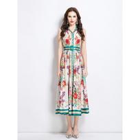 Summer Women Vintage Print Designer Runway Dress Sleeveless Turn-down Collar Shirt Long Maxi Party Tank Dresses S žalia