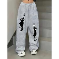 Dance Fashion Sports Pants - Cat Printed Loose Casual Fashion Elegant Animal Design Simple and Cute Wide Leg Pants S