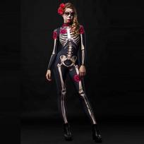 Moterys Vaikai Helovino Cosplay kostiumai Tėvų ir vaikų apranga Kaukolė Skeletas 3D Skeletas Gėlių marginimas Ilgomis rankovėmis Bodiniai Kombinezonai 120CM juoda