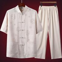 Chinese Traditional Men's Tang Clothing Kung Fu Wing Chun Garment Embroidery Short Sleeve Shirt Top Pant Hanfu Suit S