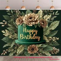 2D Dark Green Birthday Backdrop  Happy Birthday  with Green Cake, Dried Flowers and Foliage Background 47.2x31.5inch/120*80cm
