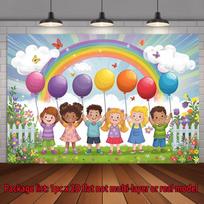 2D Kids Birthday Backdrop Multicultural Children with Rainbow Photography Background 47.2x31.5inch/120*80cm