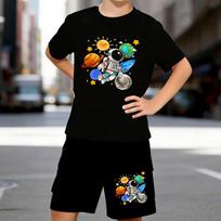 Boys 2 Piece Astronaut and solar system printed outfit, Short Sleeve T-Shirt and Shorts Set for Kids Age 5-14, Black Sporty Casual Summer Clothes 5-6 Years juoda