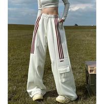 Women Streetwear Sweatpants American Retro Striped Y2k Loose Wide Leg Pants Casual Female Vintage Large Pocket Cargo Trousers New XL smėlis