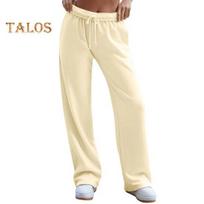 Women Sweatpants Elastic High Waist Adjustable Drawstring Long Pants Solid Color Baggy Casual Trousers S abrikosas