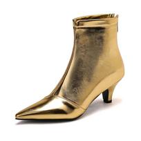 New Gold Silver Stilettos Ankle Boots PU Leather Women Pointed Toe Low Heel Short Boots Sexy Women Zip Booties Feminim32-46 36 auksas