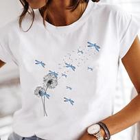 (European Size) Summer Fashion Dragonfly Dandelion Plant Short Sleeve Women Print Tee Top T-shirt  Lady Female Clothing Casual Graphic T-shirt S