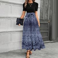 Short Sleeve Women's Dress Casual Flowy A-Line Midi Tshirt Dresses With Pockets Crewneck Vocation Boho Beach Sundress M tamsiai mėlyna