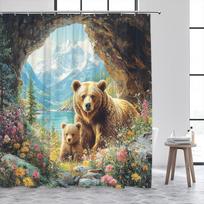 Wild Brown Bear Shower Curtains Nature Cave Animals Mountain Lakes Plants Flowers Bath Curtain Home Bathroom Decor with Hooks 90x180cm-35x70in
