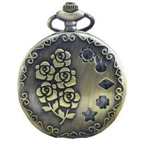 Vintage Bronze Steampunk Rose Carving Quartz Pocket Watch Necklace Pendant Clock Chain Men's and Women's Gift bronza