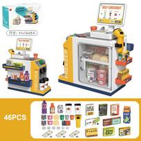 46PCS Small Simulation Supermarket Vending Cabinet Cash Register Toys Children's Play House Toy Set Baby Educational Toys Gift geltona