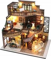 Domek Dla Lalek Drewniany Led Piętrowy Retro Model Do Złożenia Diy Meble