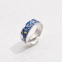 2Pcs Couple Van Gogh Night Open Rings for Women Men Simple Fashion Design Silver Color Lovers Blue Starry Sky Ring Party Jewelry