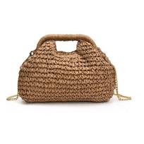 Straw Woven Women Crossbody Bag New Chain Shell Shoulder Bag Pleated Nip Opening Handbag Seaside Vacati Straw Woven Beach Bag chaki