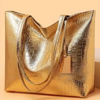 Vintage Women's Tote Bag, Large Capacity Handbag Shoulder Bag with Zipper Closure, Metallic Finish Handbags for Work, Parties auksinė