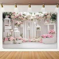 2D Floral Wall Backdrop Pink Rose White Wood Wedding Party Background Cloth 47.2x31.5inch/120*80cm