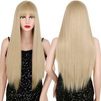 LISI HAIR Long Straight Perukas Golden and Bangs Sintetinių plaukų perukas moterims Karščiui atsparus Cosplay perukas Vienspalvis perukas