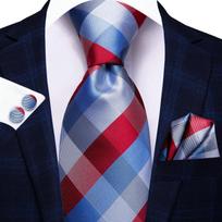 Hi-Tie Fashion vyriškos raudonos mėlynos spalvos dryžuotas kaklaraištis rankogaliai verslo vestuvėms N-3375 mėlyna/raudona