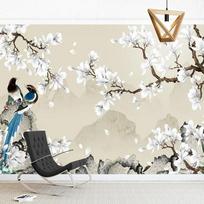 Nuotraukų tapetai Magnolijos gėlės ir paukščiai, freska Svetainė TV sofa Studijų tapetai Namų dekoras 200 cm(W) x 140 cm(H)
