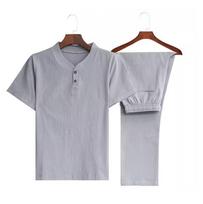 Summer Men's Solid Color Short-sleeved T-shirt V-neck Chinese Style Cotton and Linen Loose Casual Linen Suit 8XL