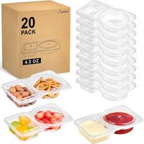 20 vnt. dviejų skyrių užkandžių indelių padažams, padažams ir priedams, plastikiniai indai su dangteliais 20-Pack beige