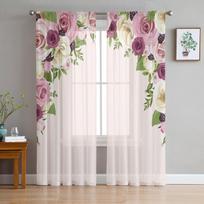 Rožinės rožinės gėlės permatomos užuolaidos svetainės dekoravimui Langų užuolaidos miegamojo virtuvei Tiulis Voile Organza užuolaidos 1 PCS W100XH250cm&Rod Pocket