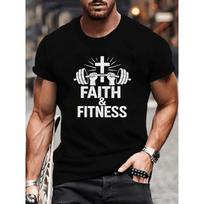 European sizes Cross and Barbell Pattern  Belief and Fitness  Print | Comfortable and Breathable Casual Sports Top, Short-Sleeved T-Shirt S juoda
