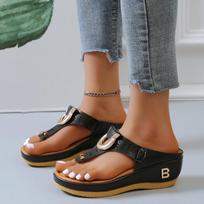 Women Flip-flops Fashion Wedge Platform Slippers Designer Metal Buckle Flip-flops Outdoor Casual Beach Slippers for Women Slides 35 juoda