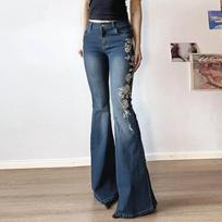 Retro Y2k Jeans Baggy Floral Embroidery Jeans Women Vintage Low Rise Flared Denim Pants High Street Basic Trousers XS mėlyna