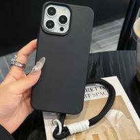 Leather Texture Lanyard iPhone Case for iPhone 12-17 with Handheld Strap, Solid Color iPhone 16 Pro